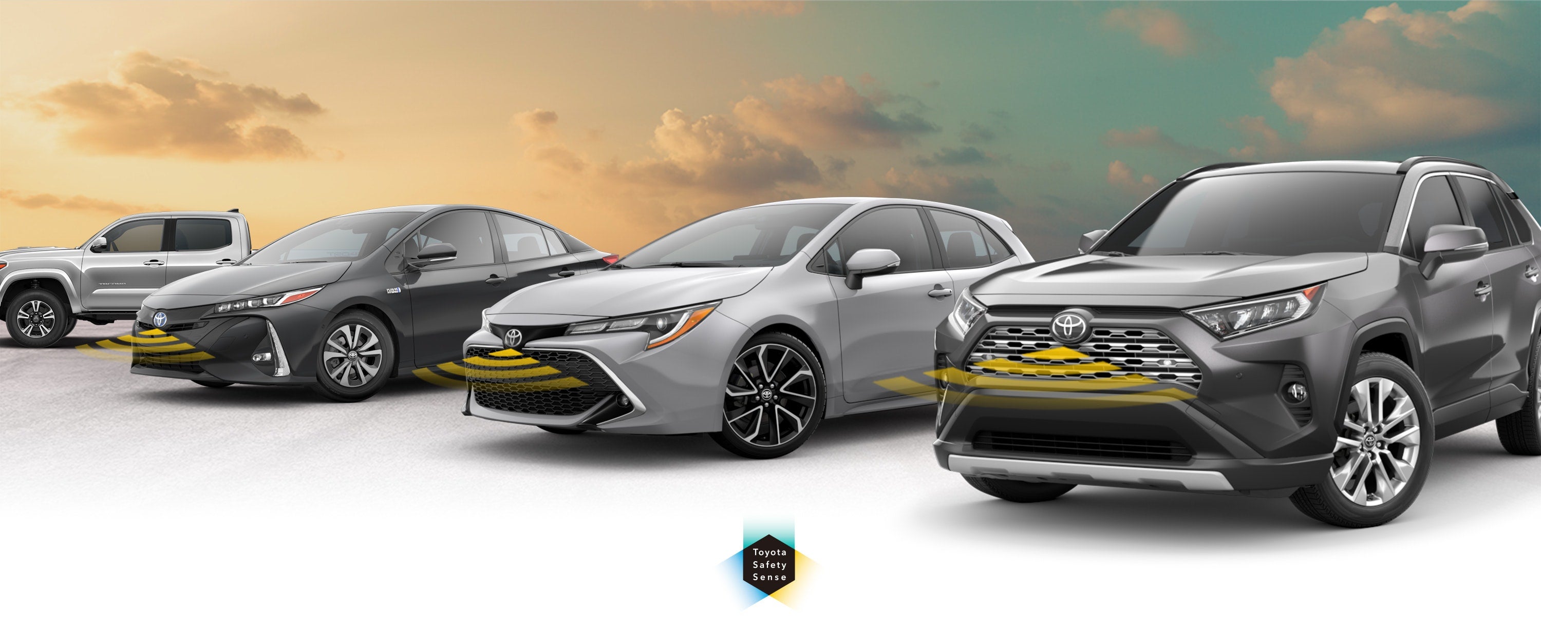 Toyota Safety Sense: Designed for Safety. Options shown on Toyota models including RAV4, Tacoma, and Camry, available now at Midwest Toyota in Hutchinson KS.