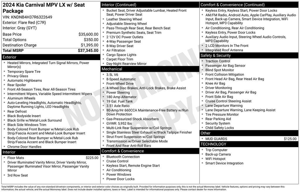 2024 Kia Carnival MPV LX Seat Package