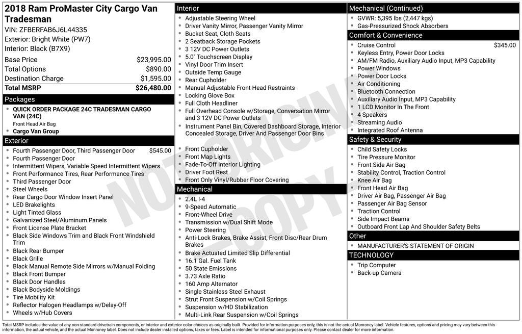 2018 RAM ProMaster City Tradesman Cargo Van